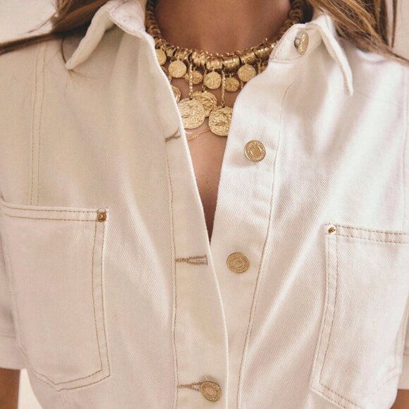 Beige Casual Women's Denim Romper With Gold Details - Picture 4 of 8